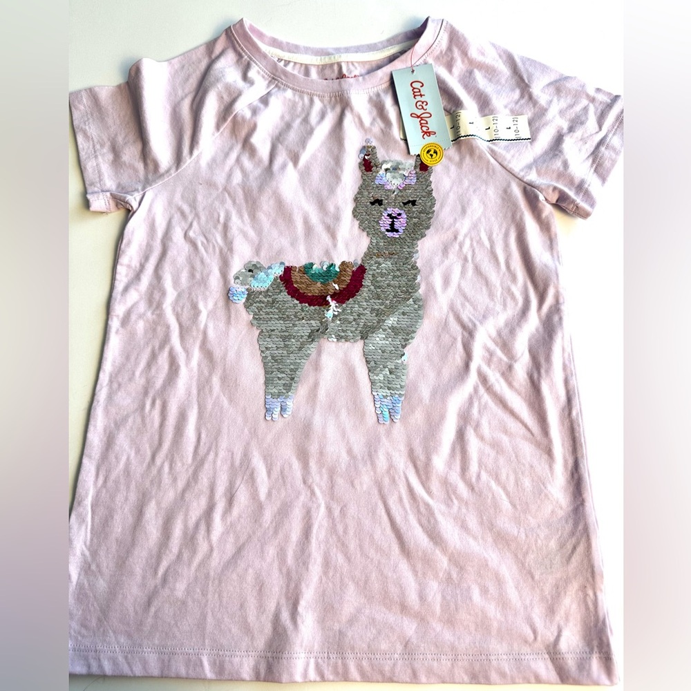 Cat & Jack Light Purple Llama Sequin girls T-Shirt size 10-12Y